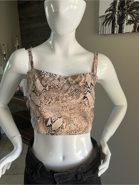 Time and Tru Snake-Print Tankini Top in White Cream and Brown